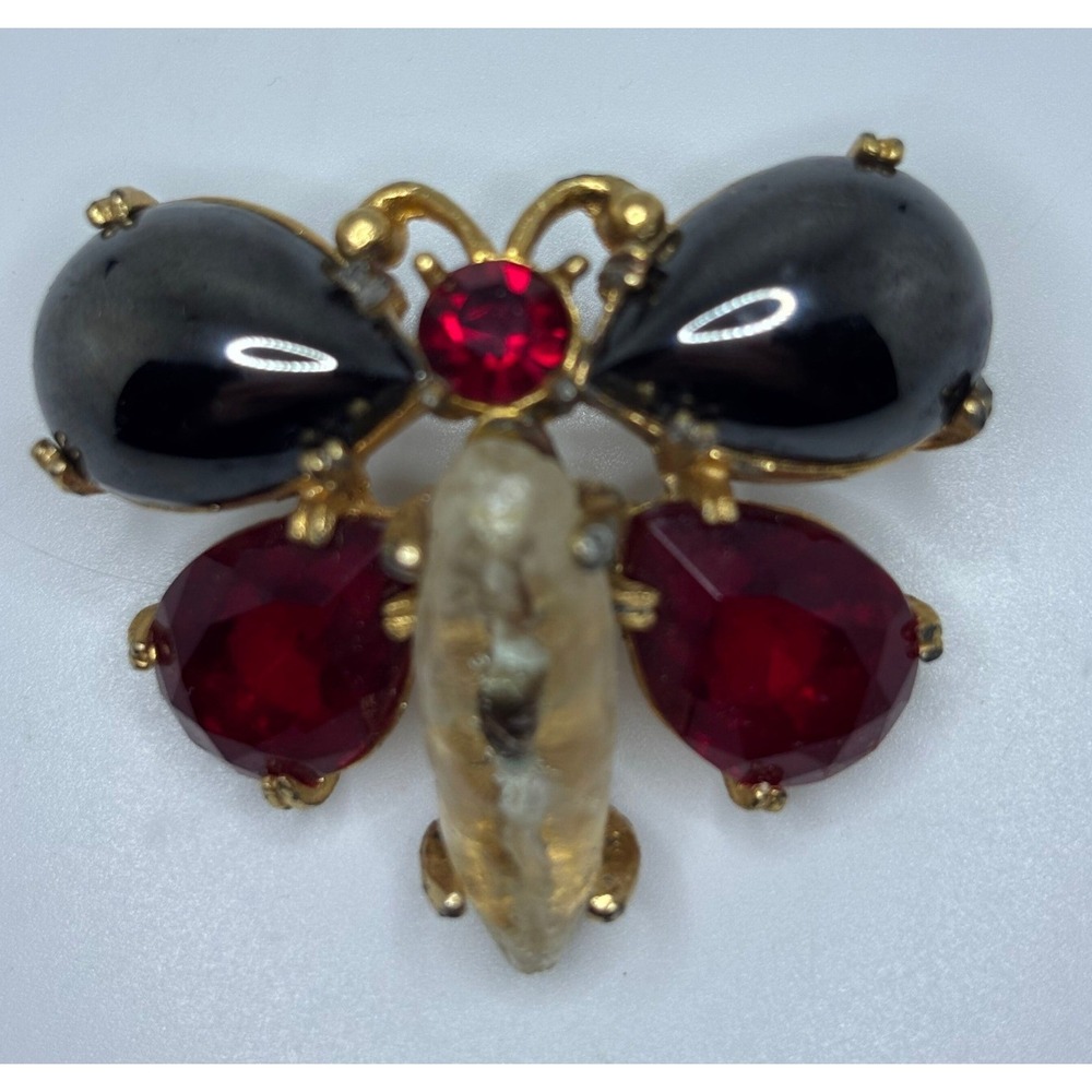 Vintage Benedikt NY Butterfly Brooch Red Black Gold Tone Glass Cabochon‎ Pin